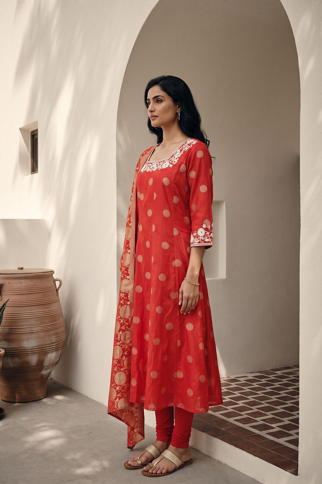 Red Thread Embroidered Chanderi Flared Kurta with Tights and Dupatta Set