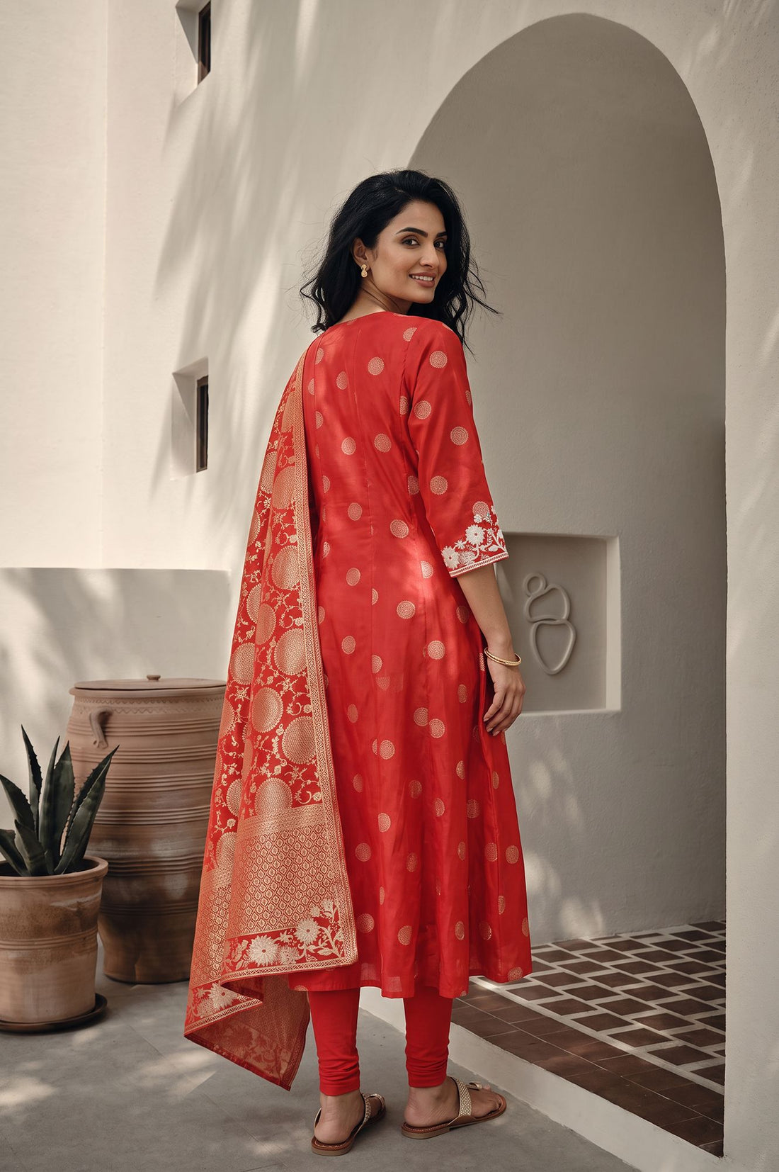 Red Thread Embroidered Chanderi Flared Kurta with Tights and Dupatta Set