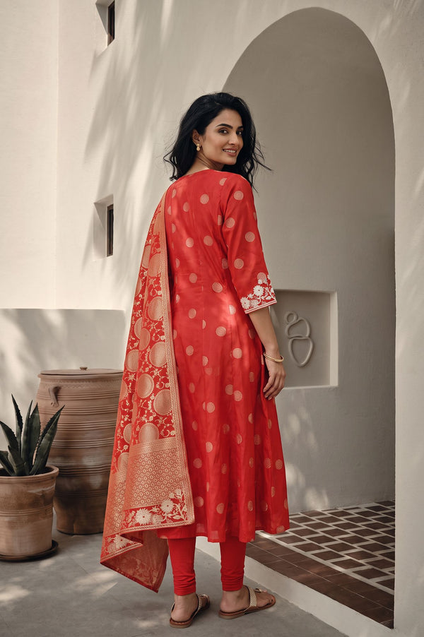 Red Thread Embroidered Chanderi Flared Kurta with Tights and Dupatta Set
