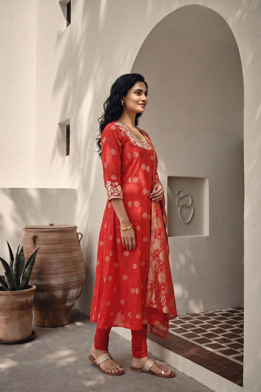 Red Thread Embroidered Chanderi Flared Kurta with Tights and Dupatta Set