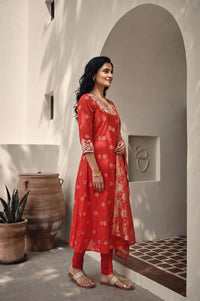 Red Thread Embroidered Chanderi Flared Kurta with Tights and Dupatta Set