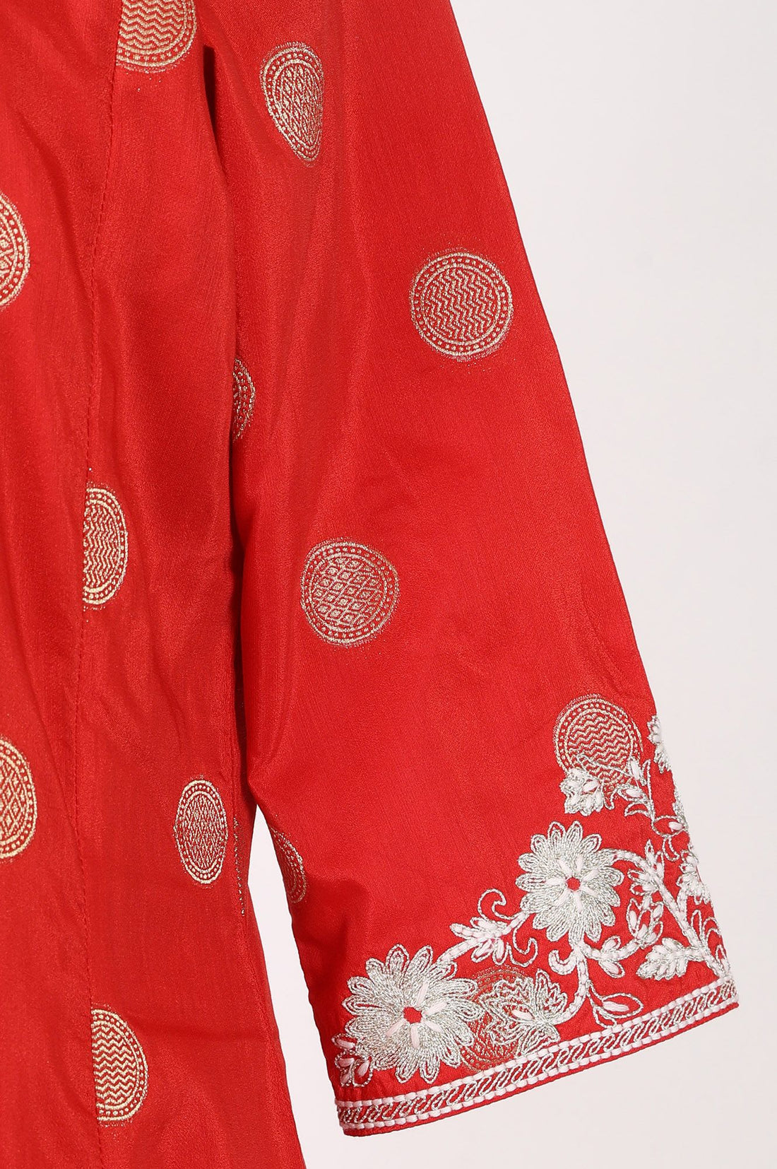 Red Thread Embroidered Chanderi Flared Kurta with Tights and Dupatta Set