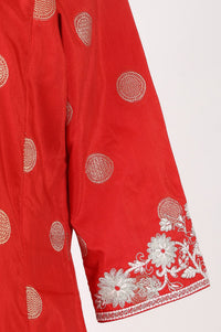 Red Thread Embroidered Chanderi Flared Kurta with Tights and Dupatta Set