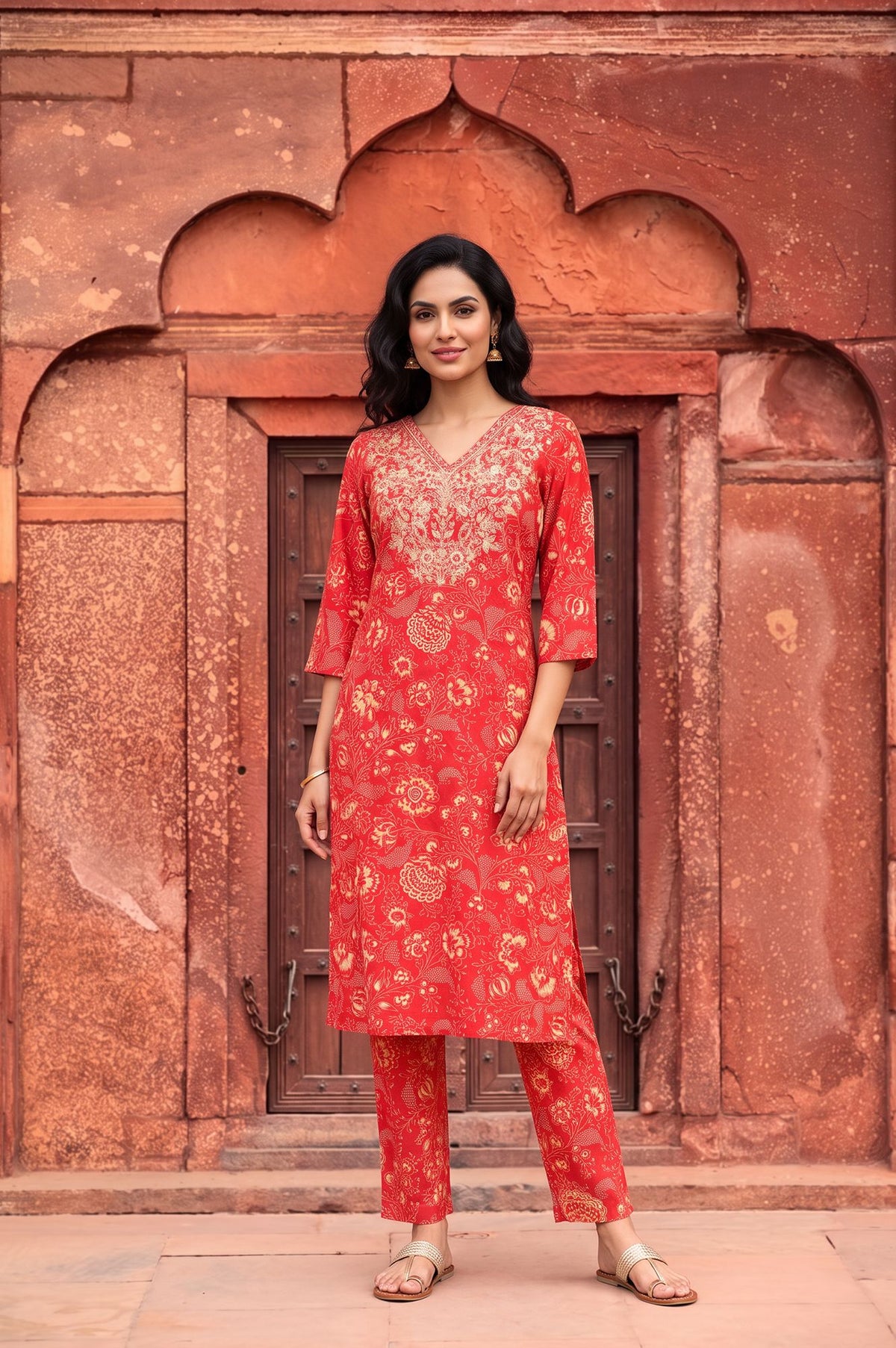 Red Floral Printed Embroidered Crepe Straight Kurta with Trousers Set - XS