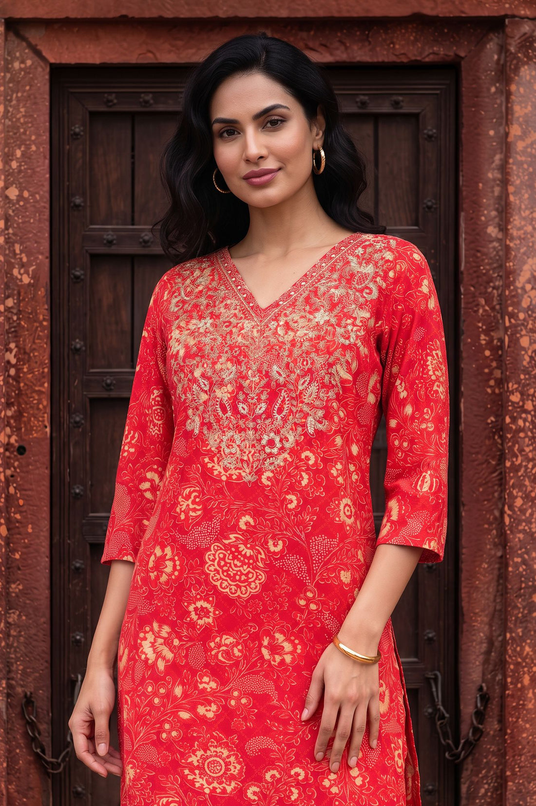 Red Floral Printed Embroidered Crepe Straight Kurta with Trousers Set