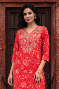 Red Floral Printed Embroidered Crepe Straight Kurta with Trousers Set