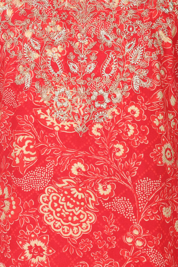 Red Floral Printed Embroidered Crepe Straight Kurta with Trousers Set