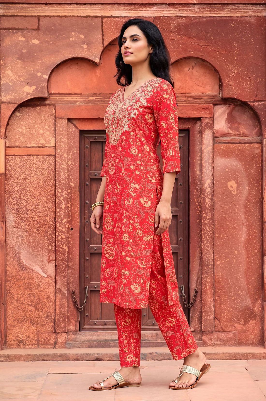 Red Floral Printed Embroidered Crepe Straight Kurta with Trousers Set