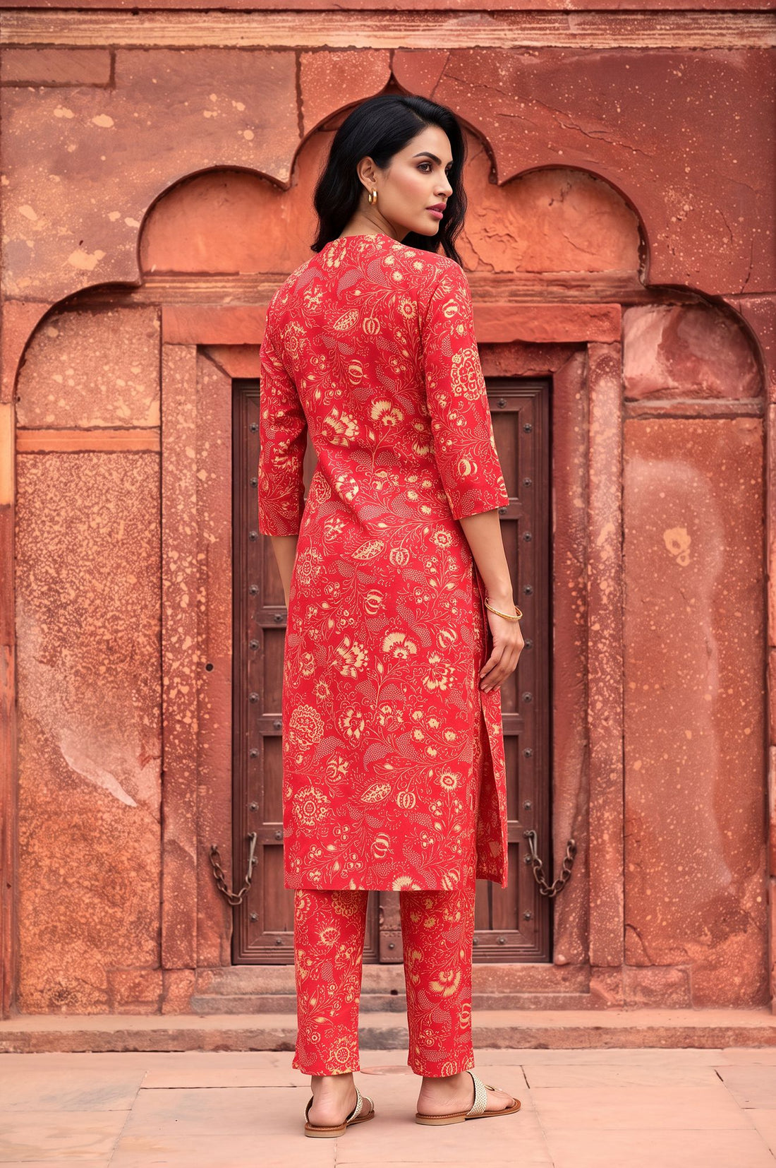 Red Floral Printed Embroidered Crepe Straight Kurta with Trousers Set