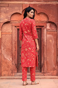 Red Floral Printed Embroidered Crepe Straight Kurta with Trousers Set