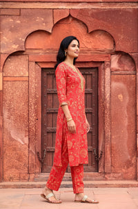 Red Floral Printed Embroidered Crepe Straight Kurta with Trousers Set