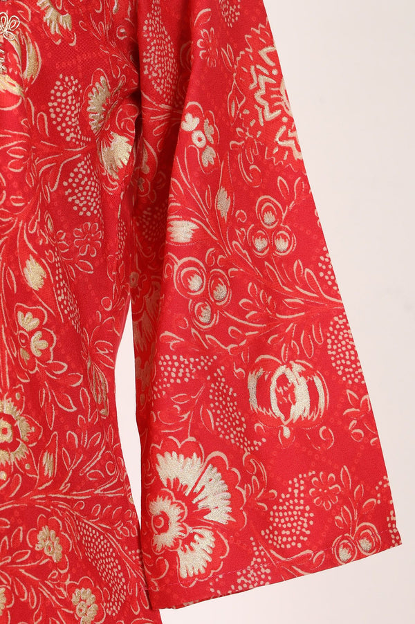 Red Floral Printed Embroidered Crepe Straight Kurta with Trousers Set