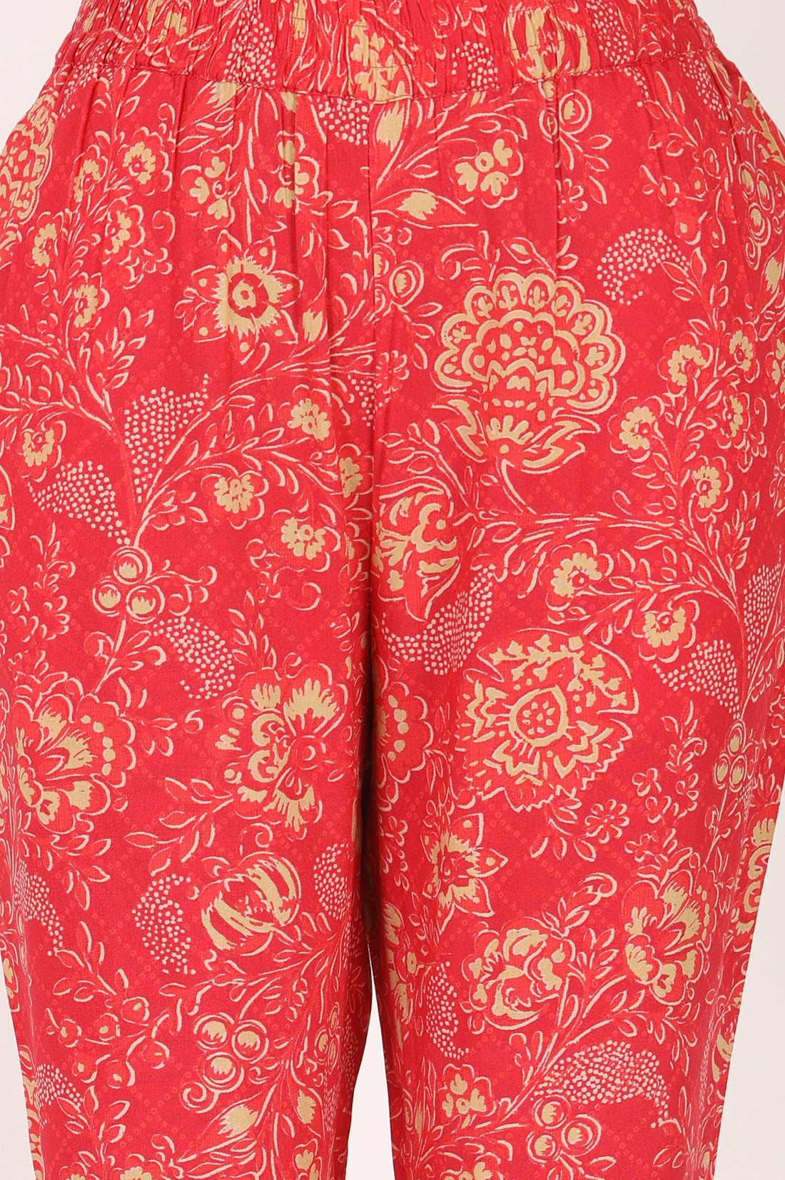 Red Floral Printed Embroidered Crepe Straight Kurta with Trousers Set