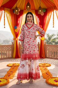 Off White Floral Print Straight Knee Length Kurta Palazzo &amp; Dupatta Set with Sequins