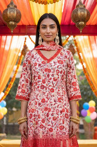 Off White Floral Print Straight Knee Length Kurta Palazzo &amp; Dupatta Set with Sequins