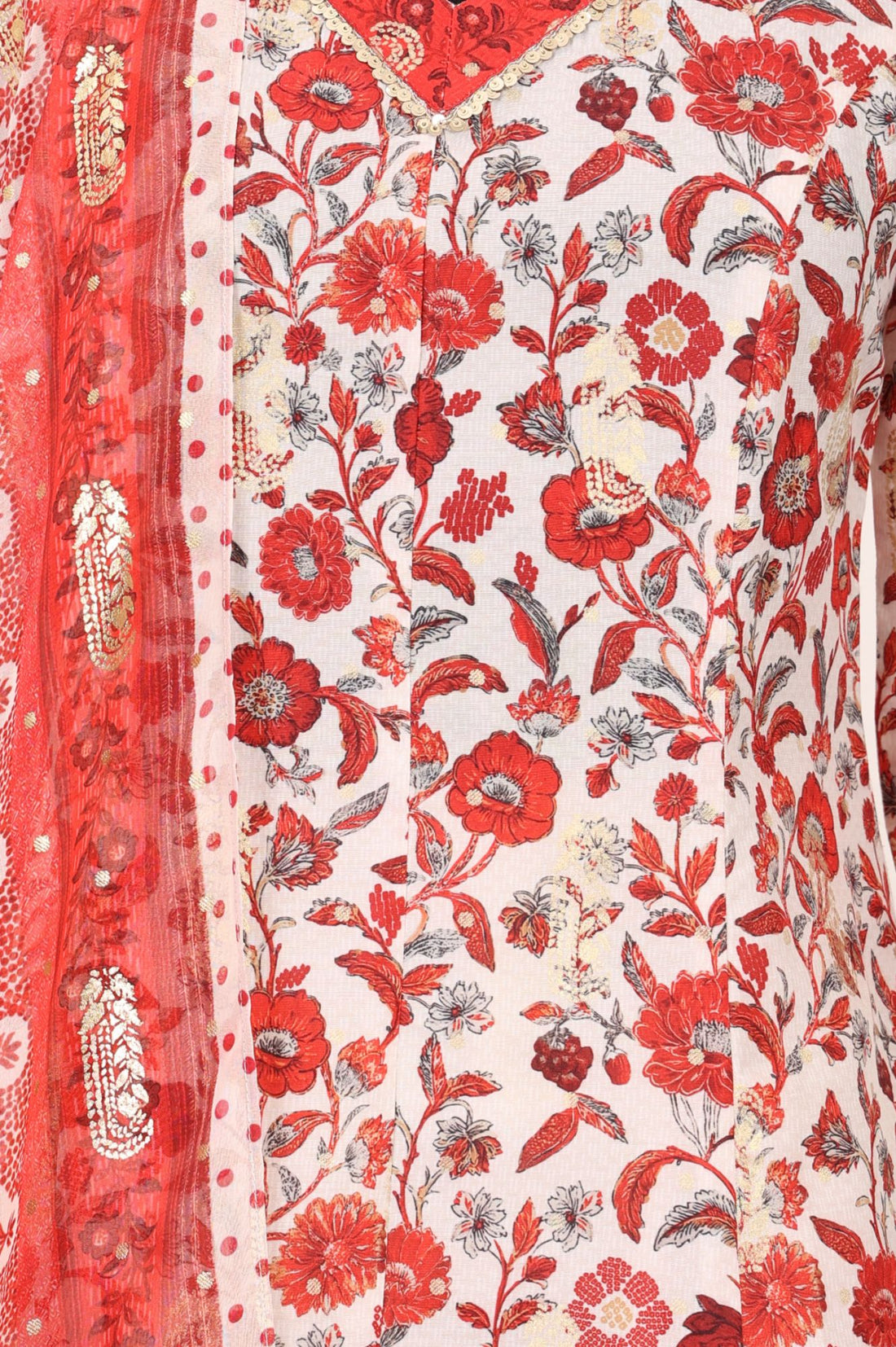 Off White Floral Print Straight Knee Length Kurta Palazzo &amp; Dupatta Set with Sequins