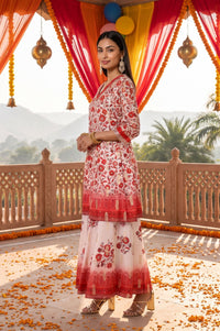 Off White Floral Print Straight Knee Length Kurta Palazzo &amp; Dupatta Set with Sequins