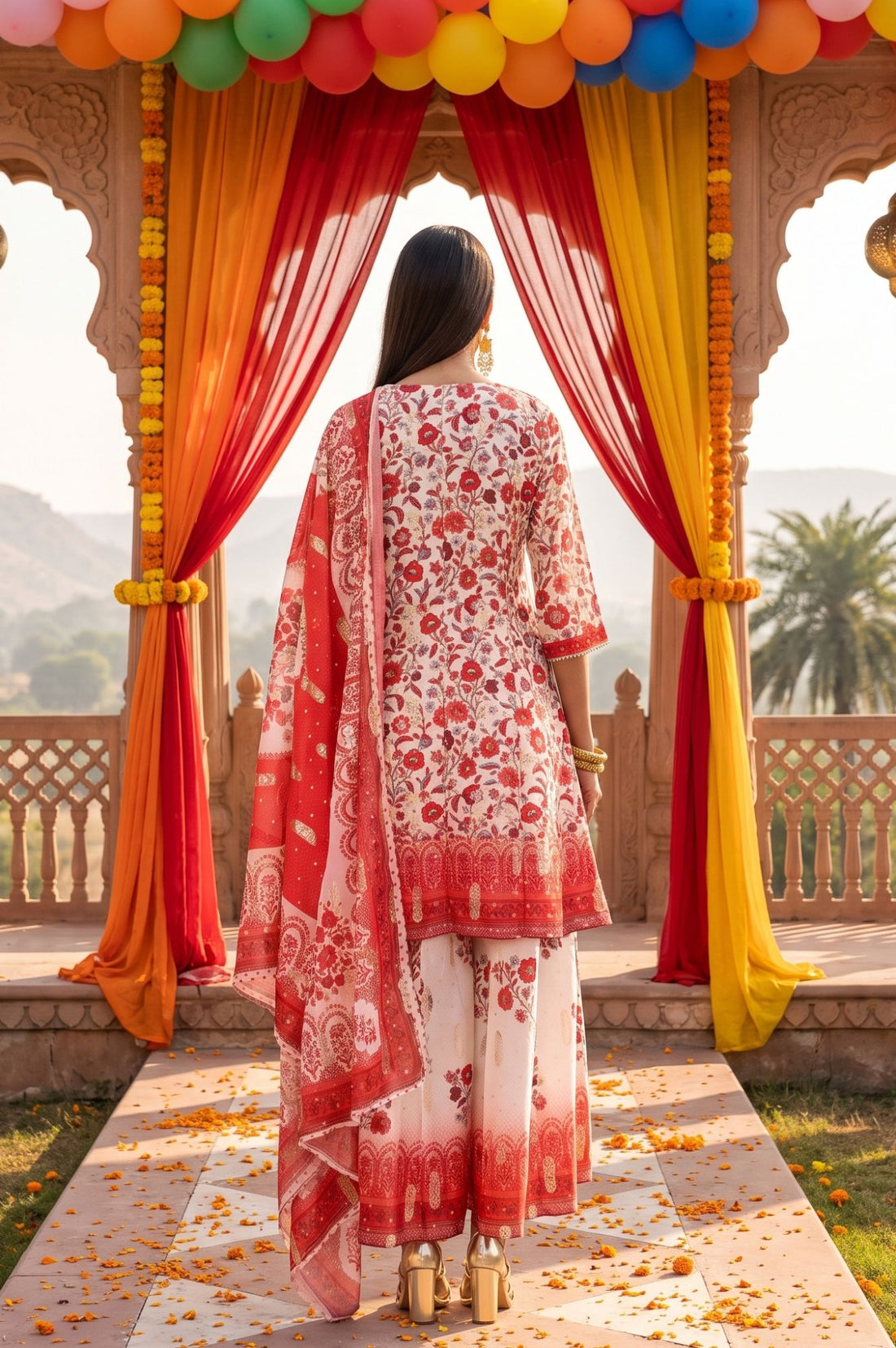 Off White Floral Print Straight Knee Length Kurta Palazzo &amp; Dupatta Set with Sequins