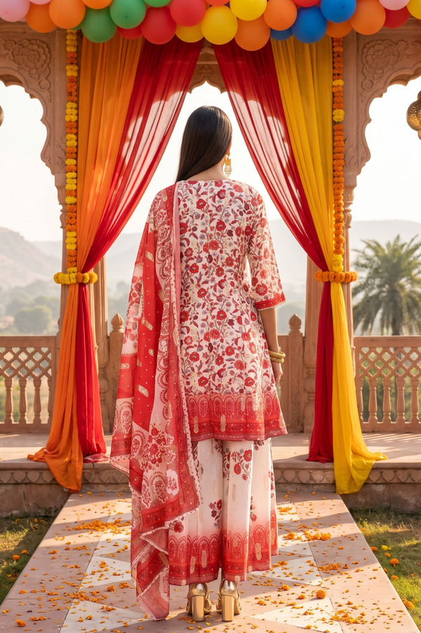 Off White Floral Print Straight Knee Length Kurta Palazzo & Dupatta Set with Sequins