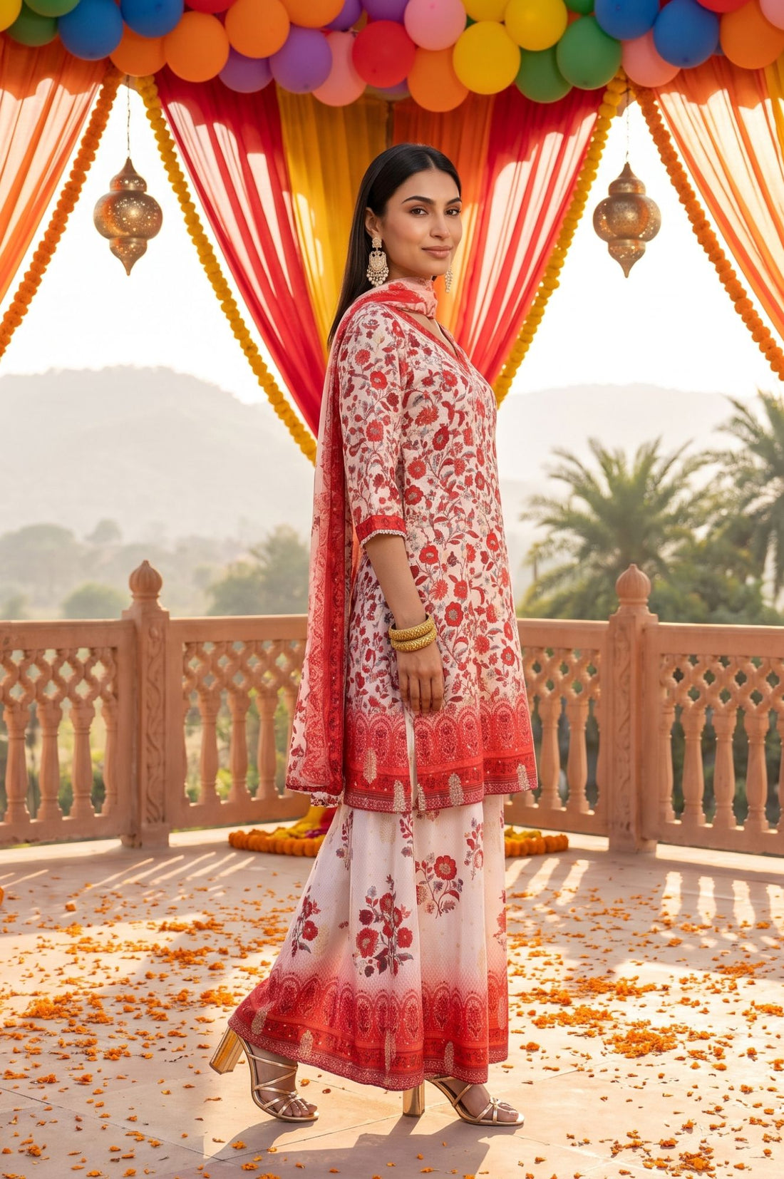 Off White Floral Print Straight Knee Length Kurta Palazzo &amp; Dupatta Set with Sequins