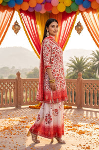 Off White Floral Print Straight Knee Length Kurta Palazzo &amp; Dupatta Set with Sequins