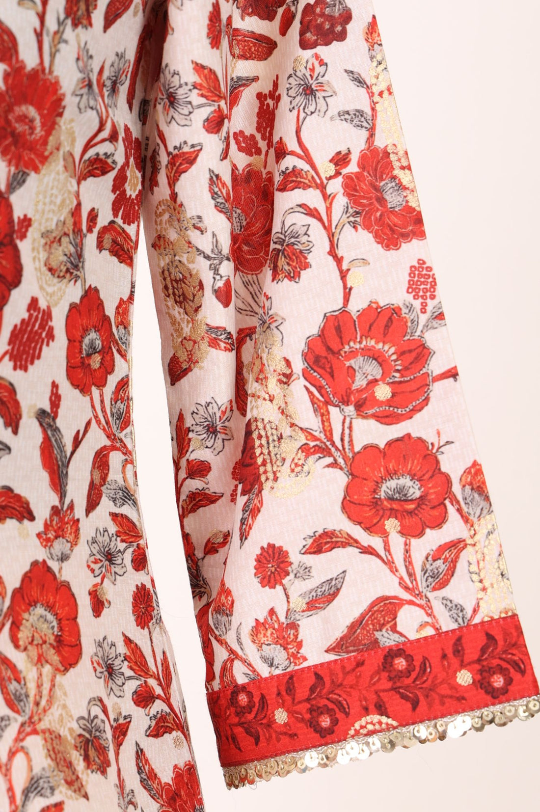 Off White Floral Print Straight Knee Length Kurta Palazzo &amp; Dupatta Set with Sequins