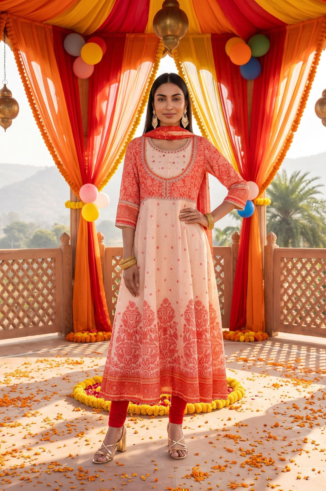Peach Floral Printed Sequins Chanderi Flared Kurta with Tights and Dupatta Set