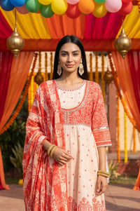 Peach Floral Printed Sequins Chanderi Flared Kurta with Tights and Dupatta Set