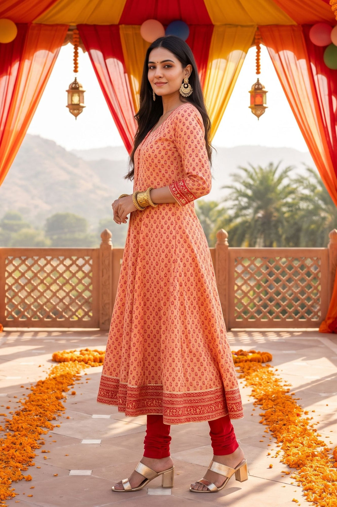 Peach Floral Printed Sequins Chanderi Flared Kurta with Tights and Dupatta Set