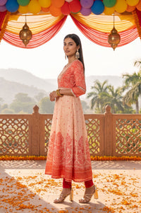 Peach Floral Printed Sequins Chanderi Flared Kurta with Tights and Dupatta Set