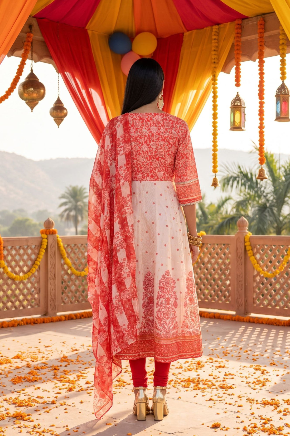 Peach Floral Printed Sequins Chanderi Flared Kurta with Tights and Dupatta Set