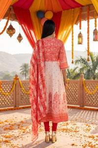 Peach Floral Printed Sequins Chanderi Flared Kurta with Tights and Dupatta Set