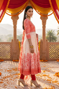 Peach Floral Printed Sequins Chanderi Flared Kurta with Tights and Dupatta Set