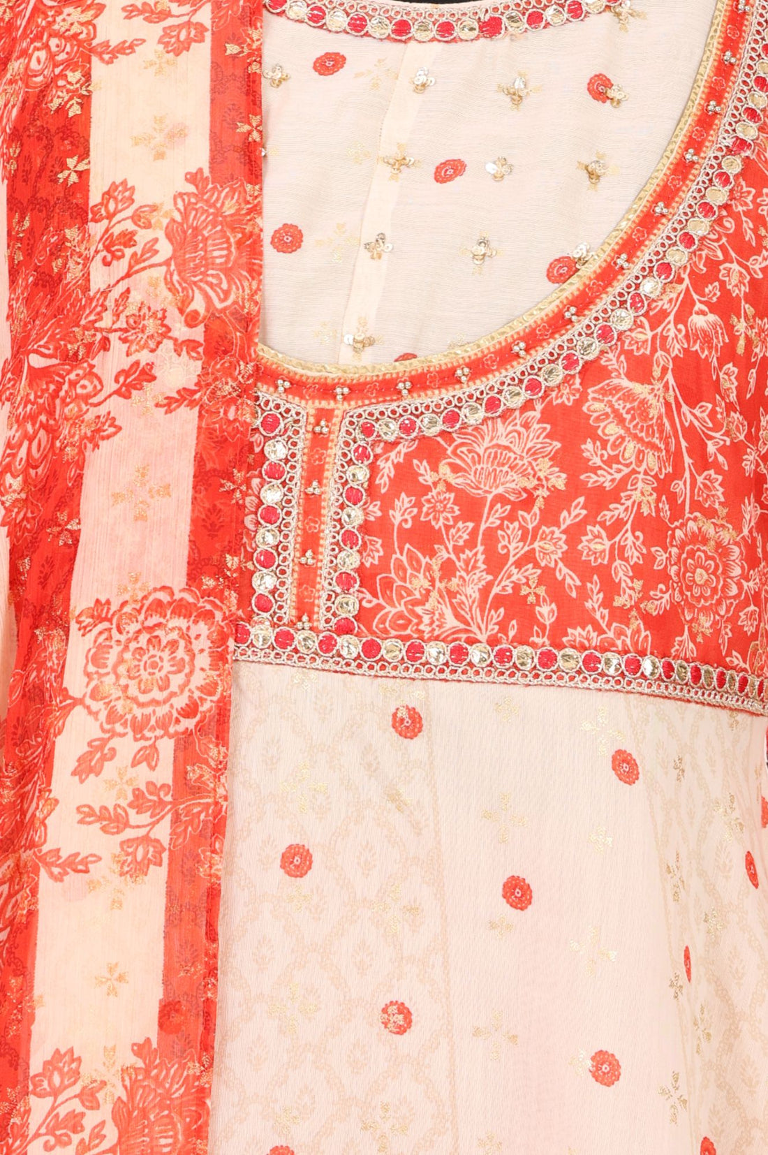 Peach Floral Printed Sequins Chanderi Flared Kurta with Tights and Dupatta Set
