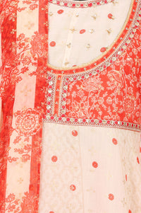 Peach Floral Printed Sequins Chanderi Flared Kurta with Tights and Dupatta Set