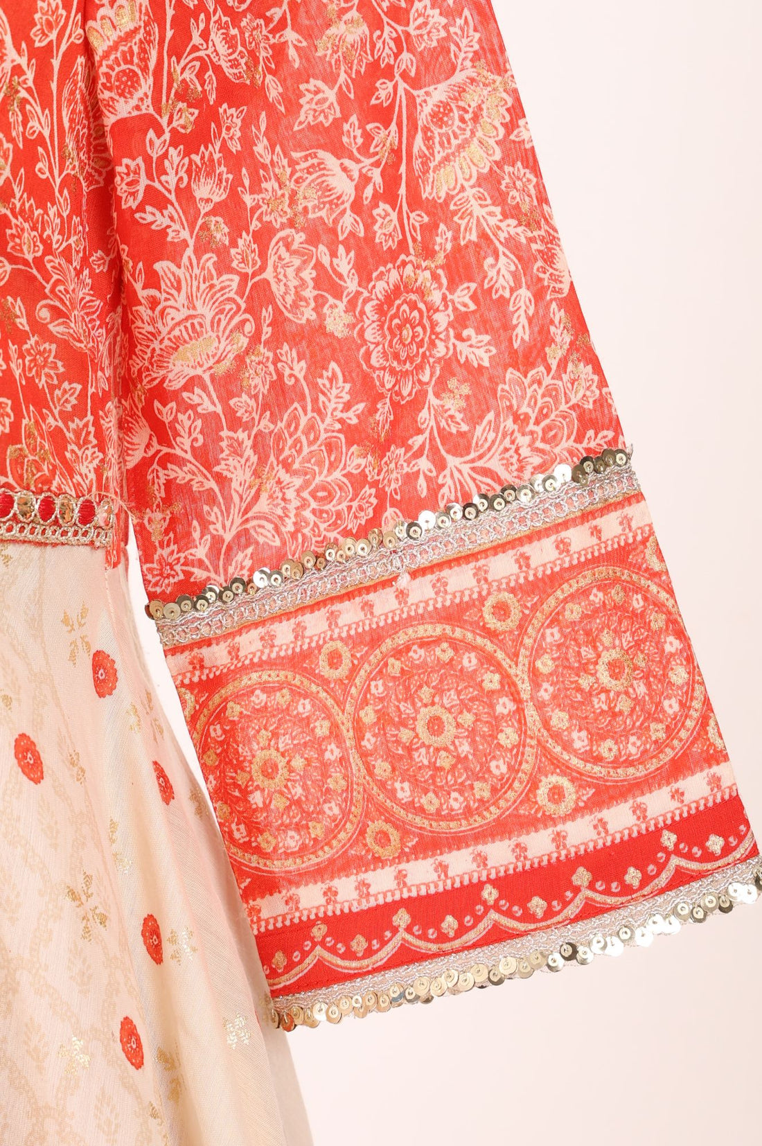 Peach Floral Printed Sequins Chanderi Flared Kurta with Tights and Dupatta Set