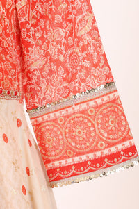Peach Floral Printed Sequins Chanderi Flared Kurta with Tights and Dupatta Set