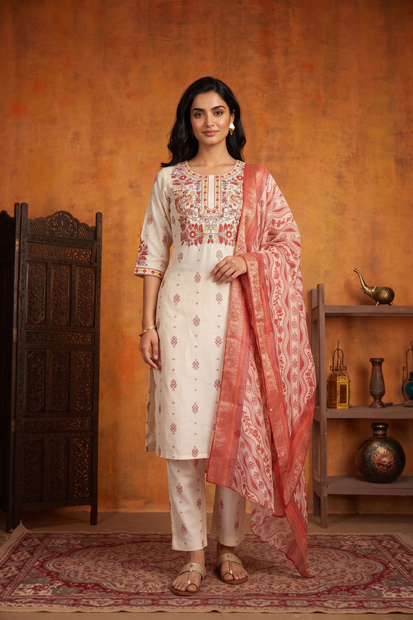 Off White Embroidered Straight Kurta with Trouser and Dupatta Set