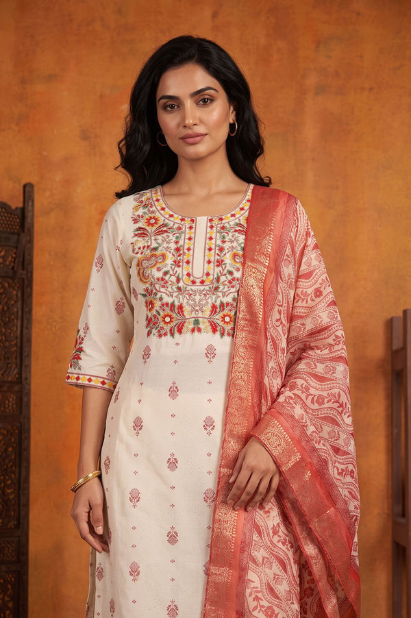 Off White Embroidered Straight Kurta with Trouser and Dupatta Set