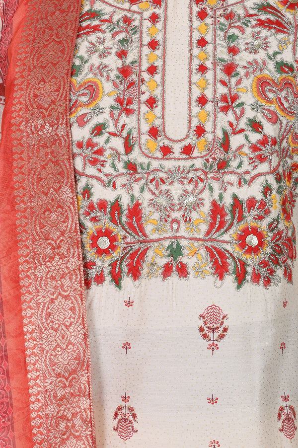 Off White Embroidered Straight Kurta with Trouser and Dupatta Set