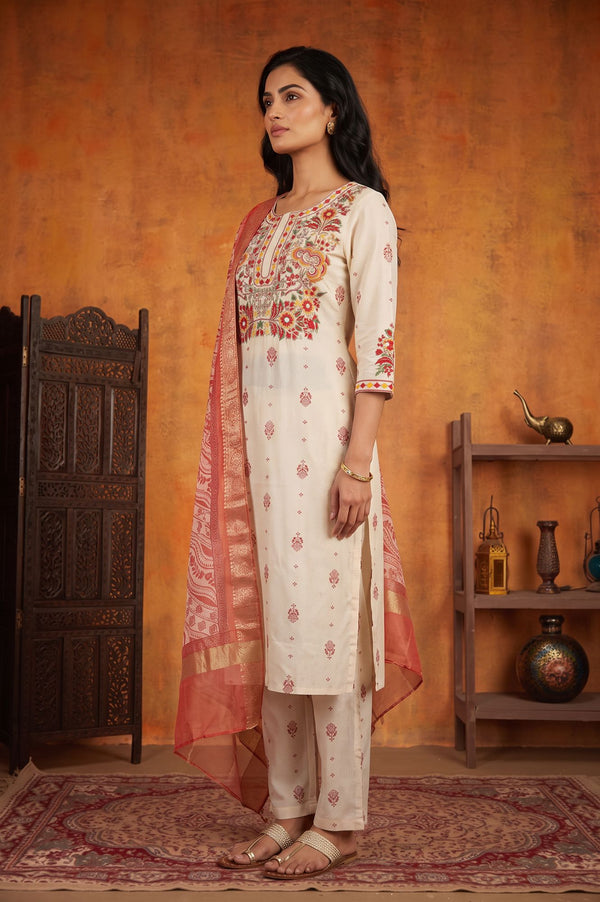 Off White Embroidered Straight Kurta with Trouser and Dupatta Set