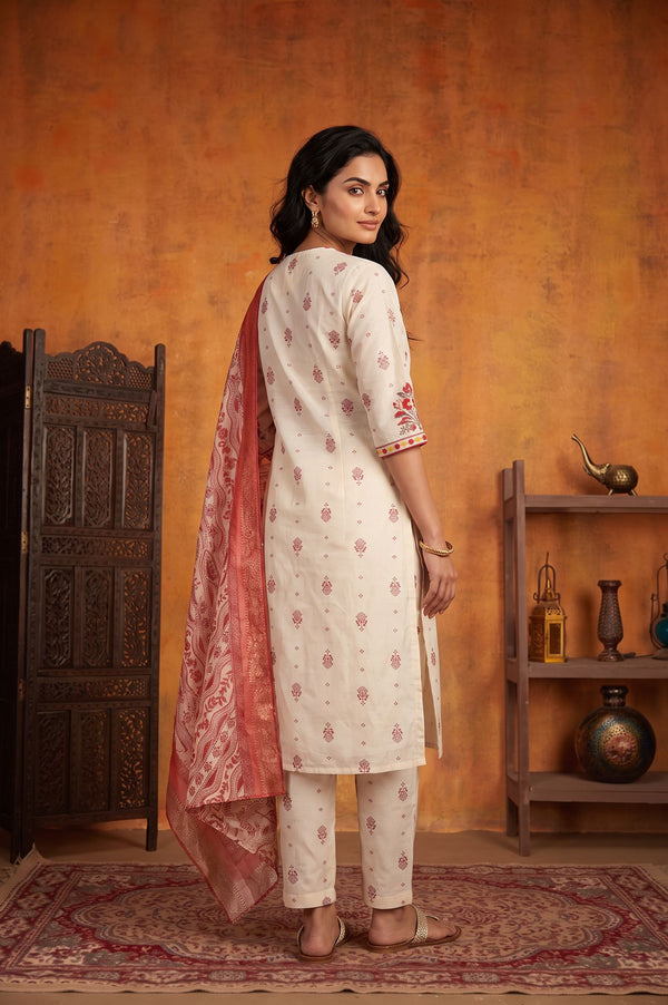 Off White Embroidered Straight Kurta with Trouser and Dupatta Set