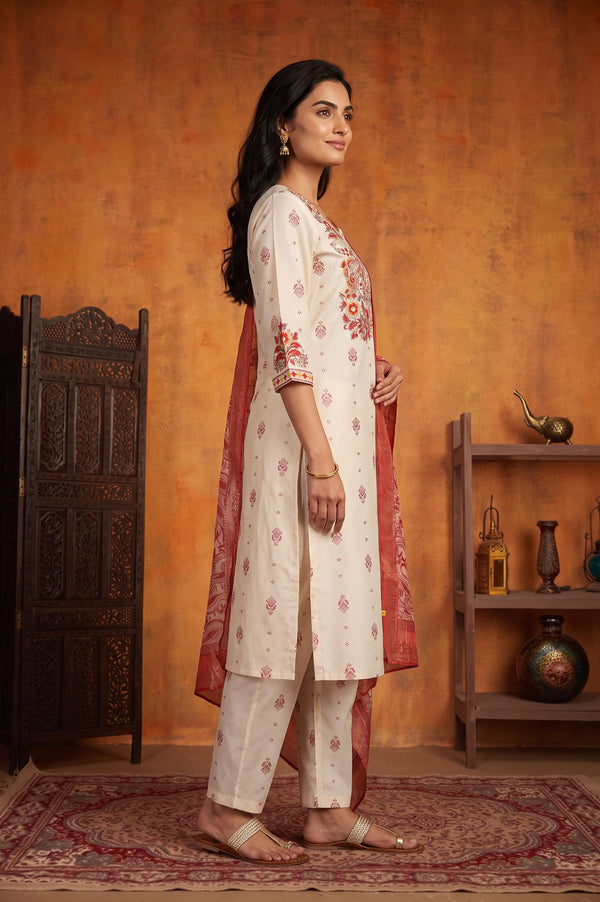 Off White Embroidered Straight Kurta with Trouser and Dupatta Set