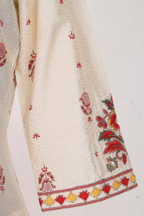 Off White Embroidered Straight Kurta with Trouser and Dupatta Set