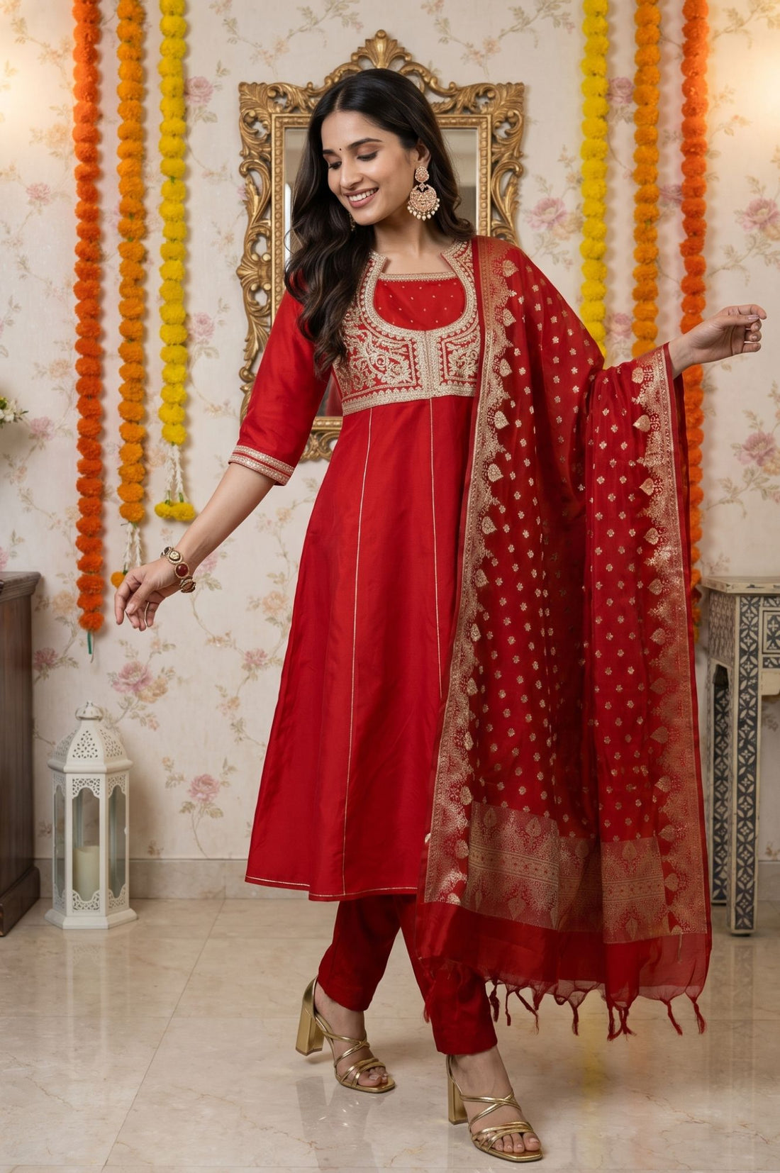 Red Yarn Dyed Zari Embroidered A-line Kurta with Trousers and Dupatta Set