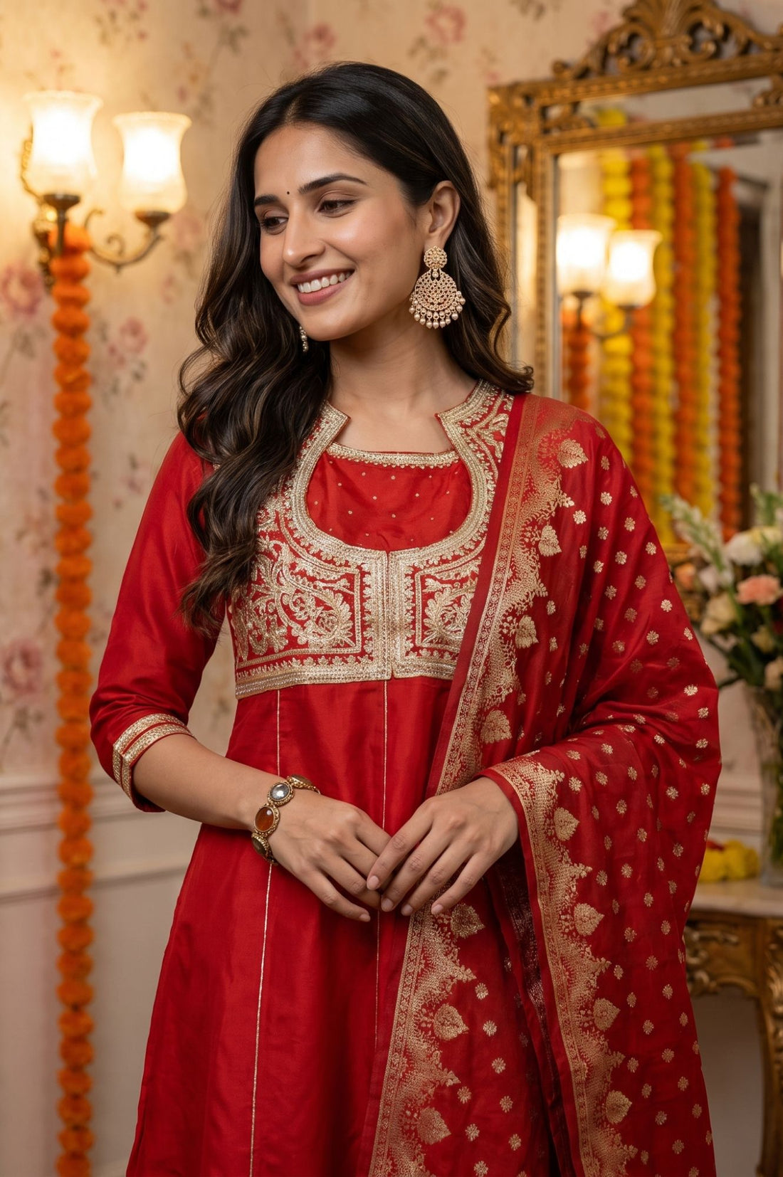 Red Yarn Dyed Zari Embroidered A-line Kurta with Trousers and Dupatta Set