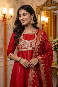 Red Yarn Dyed Zari Embroidered A-line Kurta with Trousers and Dupatta Set