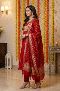 Red Yarn Dyed Zari Embroidered A-line Kurta with Trousers and Dupatta Set