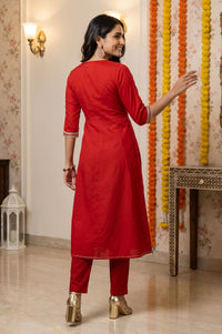 Red Yarn Dyed Zari Embroidered A-line Kurta with Trousers and Dupatta Set