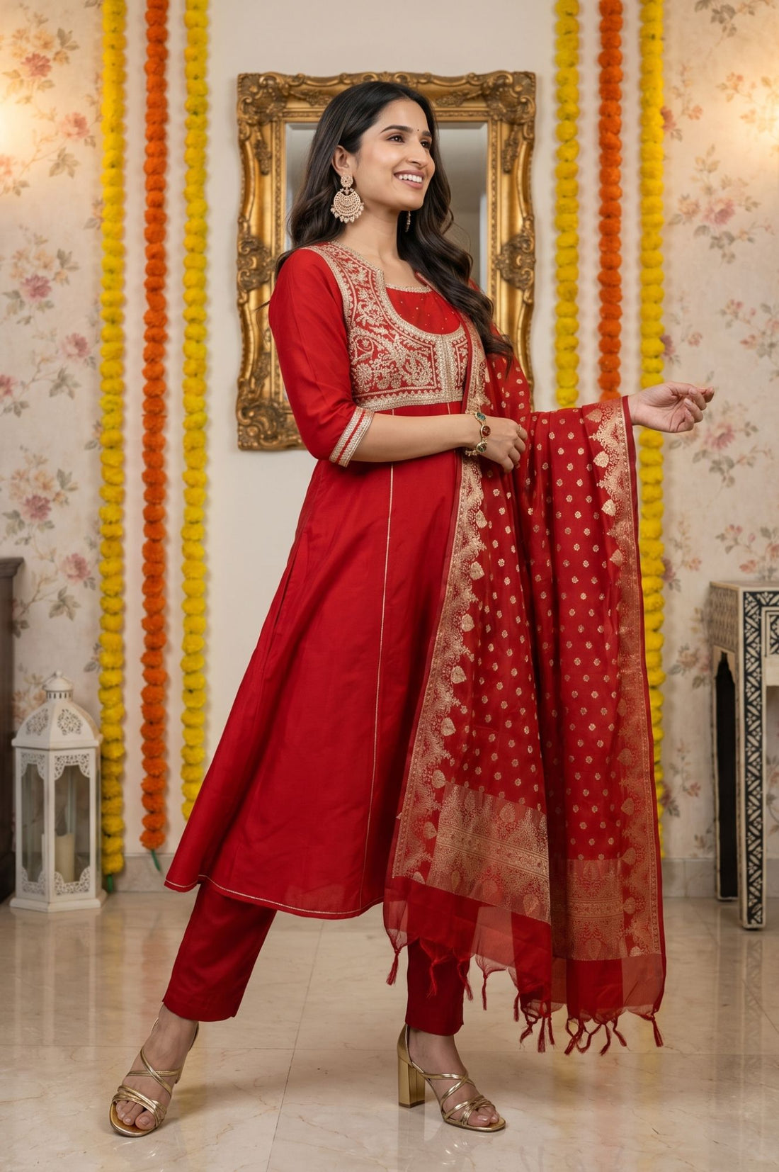 Red Yarn Dyed Zari Embroidered A-line Kurta with Trousers and Dupatta Set